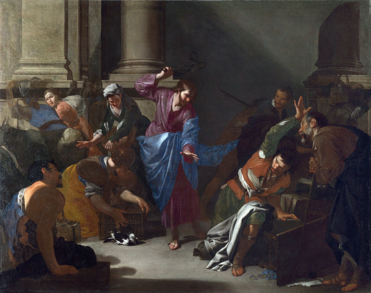 "Le christ chassant les marchands du temple" (Cristo conduzindo os comerciantes do templo) Peinture de Bernardo Cavallino (1616-1656) vers 1645 Dim 101x127,6 cm National Gallery, Londres de Bernardo Cavallino