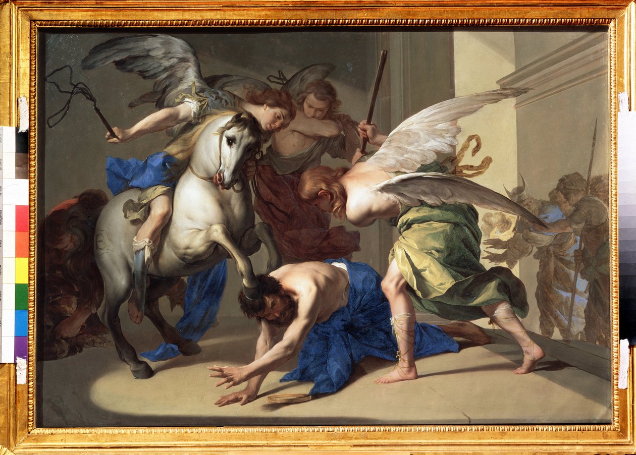 "A Expulsão de Heliodoro do Templo" Heliodoro (Heliodoros) é expulso do templo por ter tentado, a mando do seu governante, confiscar os tesouros do templo em Jerusalém. Pintura de Bernardo Cavallino de Bernardo Cavallino