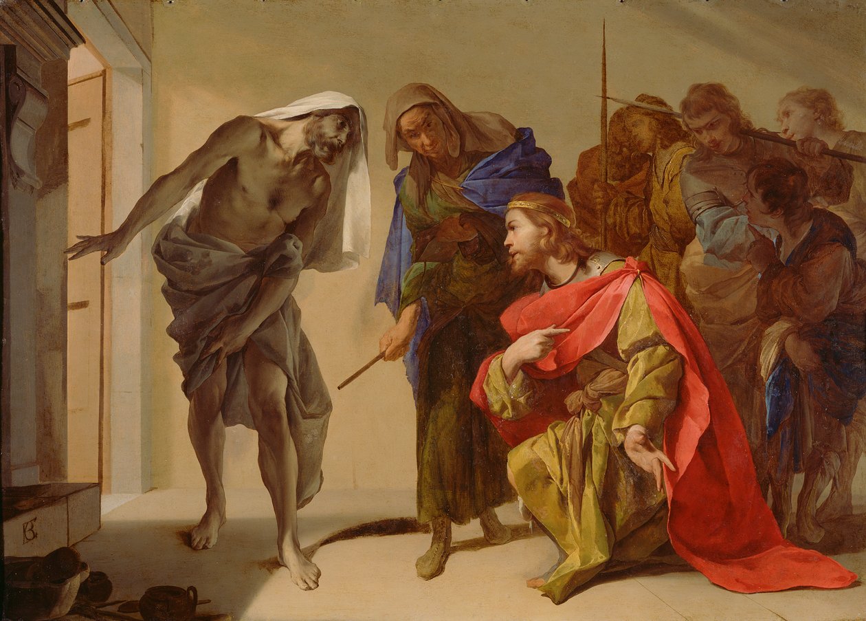A sombra de Samuel invocada por Saul, c.1655 (óleo sobre cobre) de Bernardo Cavallino