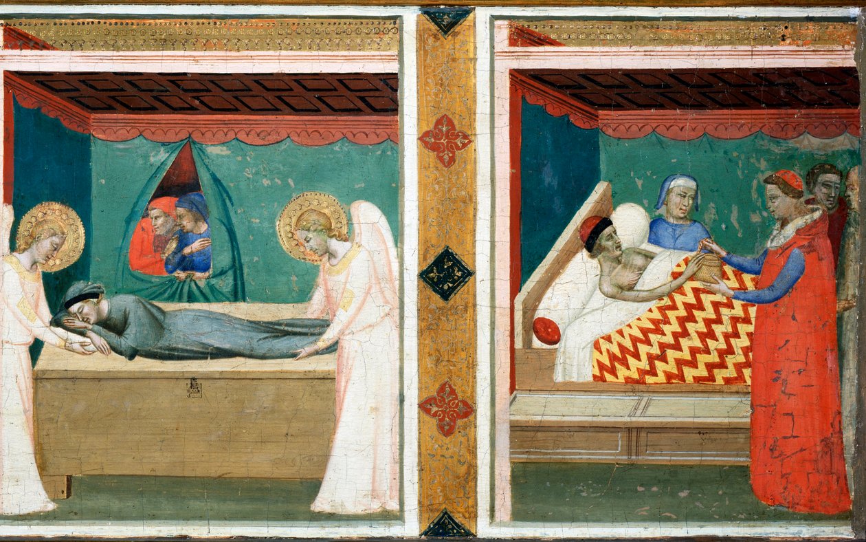 Lenda do Cinturão Sagrado (predelle de Santa Cintola polyptych) - óleo sobre madeira de Bernardo Daddi