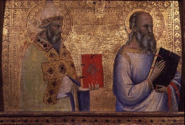 São Gregório o Grande (c.540-604) e santo não identificável (tempera no painel) de Bernardo Daddi
