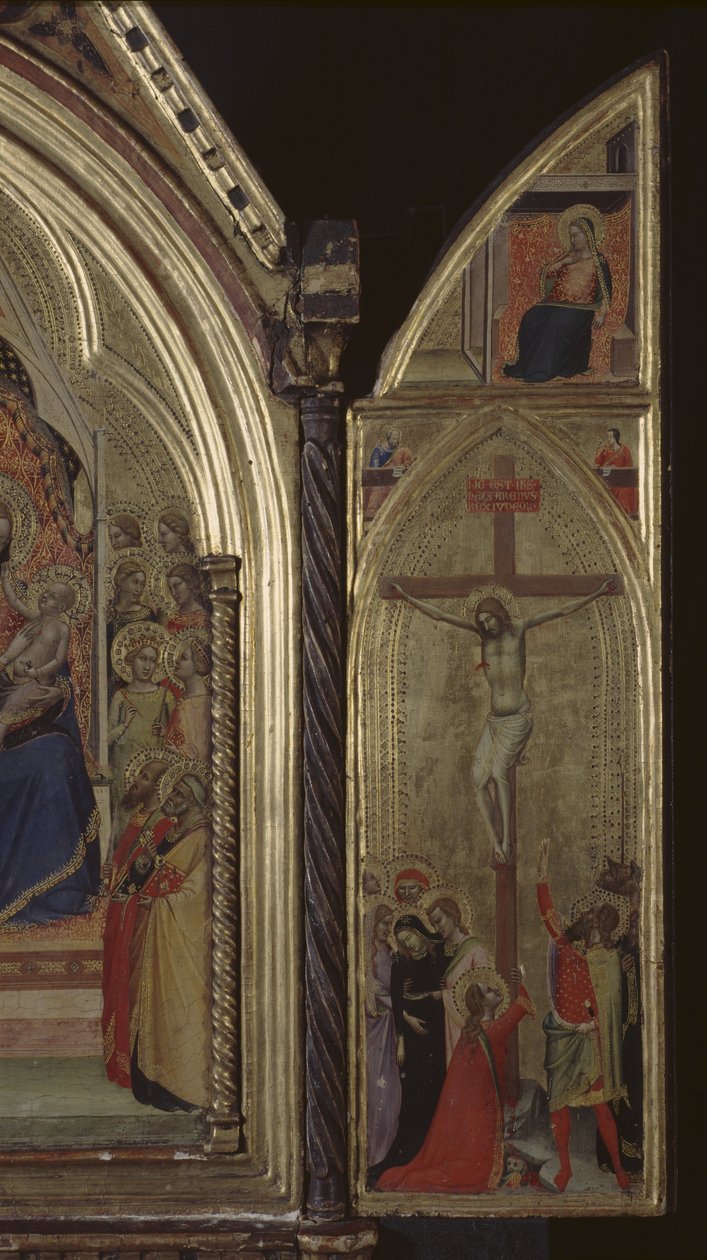 Tríptico (painel direito) A Crucificação de Cristo e Anunciação (em cima) 1338 (têmpera e folha de ouro no painel) (ver também 225310, 225332) de Bernardo Daddi