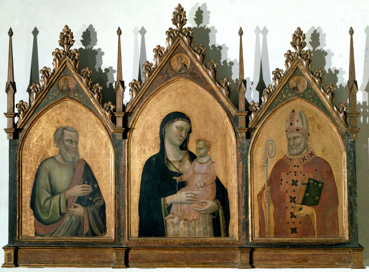 Tríptico de Todos os Santos ou Madonna com Criança entre São Mateus Evangelista e São Nicolau de Bari - Tempera em painel de Bernardo Daddi