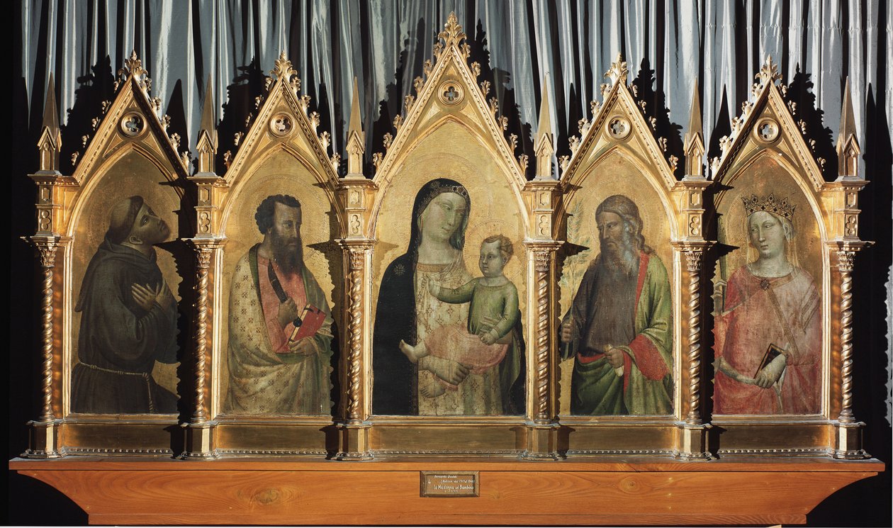 Virgem e criança com os santos Francisco, Bartolomeu, São João e Santa Catarina de Alexandria - tempera no painel de Bernardo Daddi