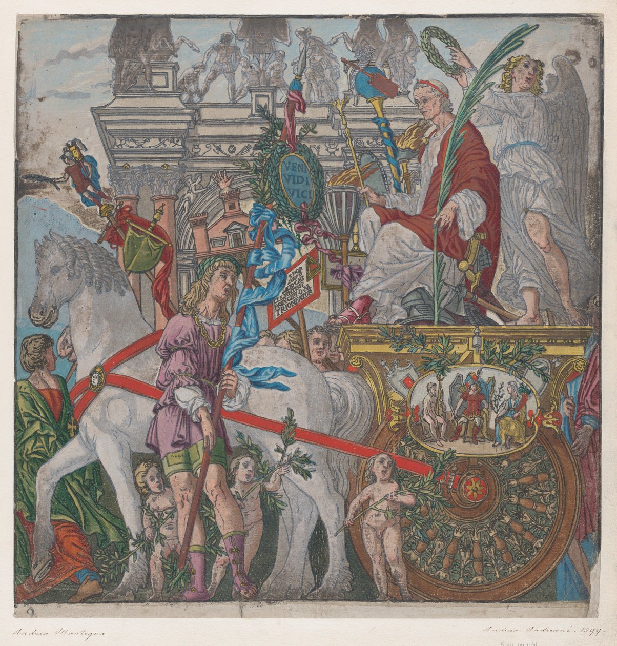 Folha 9: Júlio César em sua carruagem puxada por cavalos, de O Triunfo de Júlio César, 1599. de Bernardo Malpizzi