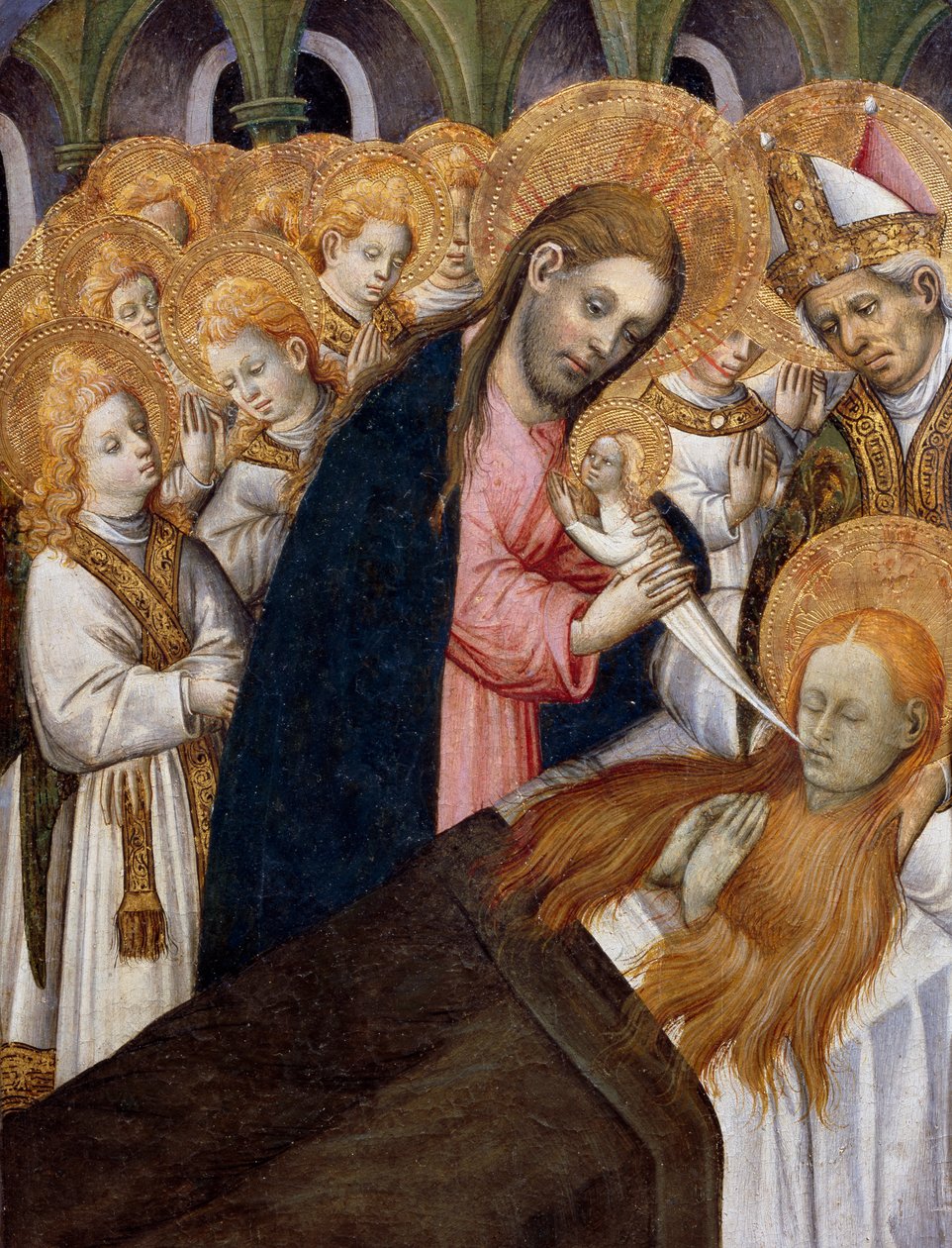 Morte de Maria Madalena, detalhe do retábulo de Santa Maria Madalena (1437-1452), de Bernat Martorell (ca. 1400-1452), pintado em madeira. Arte gótica catalã. de Bernardo Martorell