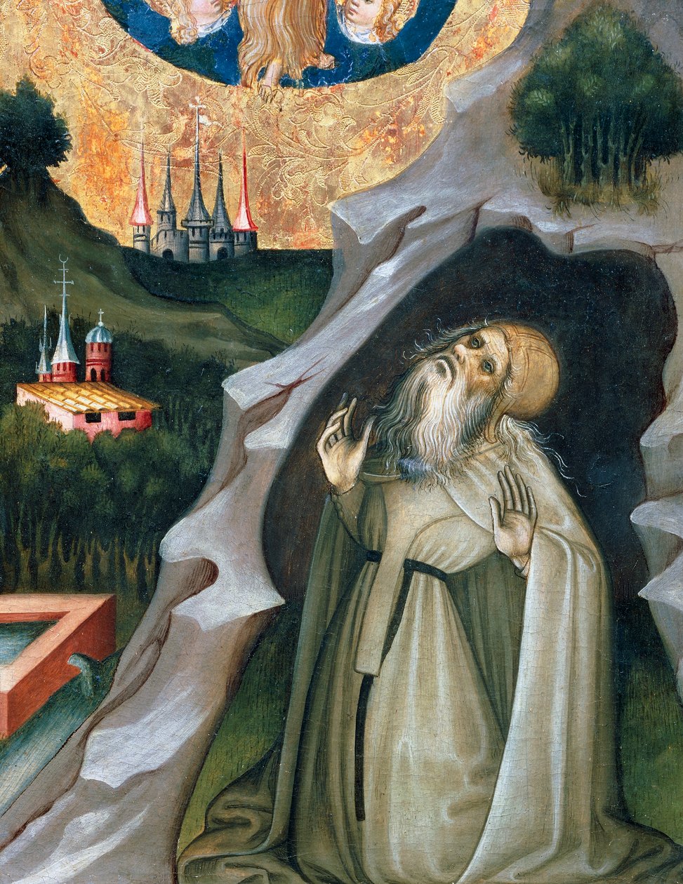 Eremita em êxtase, detalhe do retábulo de Santa Maria Madalena (1437-1452), de Bernat Martorell (ca. 1400-1452), pintado em madeira. Arte gótica catalã. de Bernardo Martorell