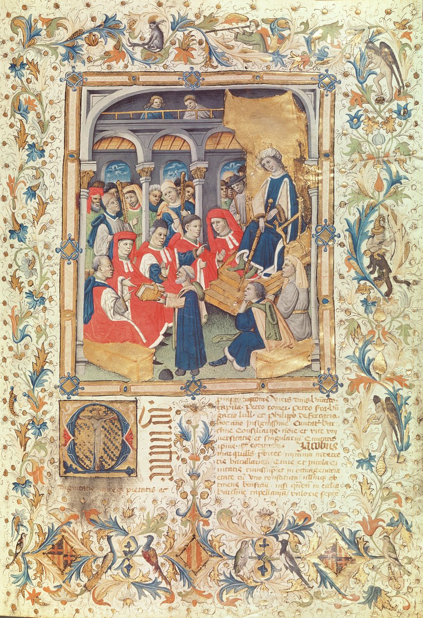 O Autor Apresenta o seu Livro aos Conselheiros de Barcelona na Presença da Rainha Maria, Esposa de Alfonso V de Bernardo Martorell