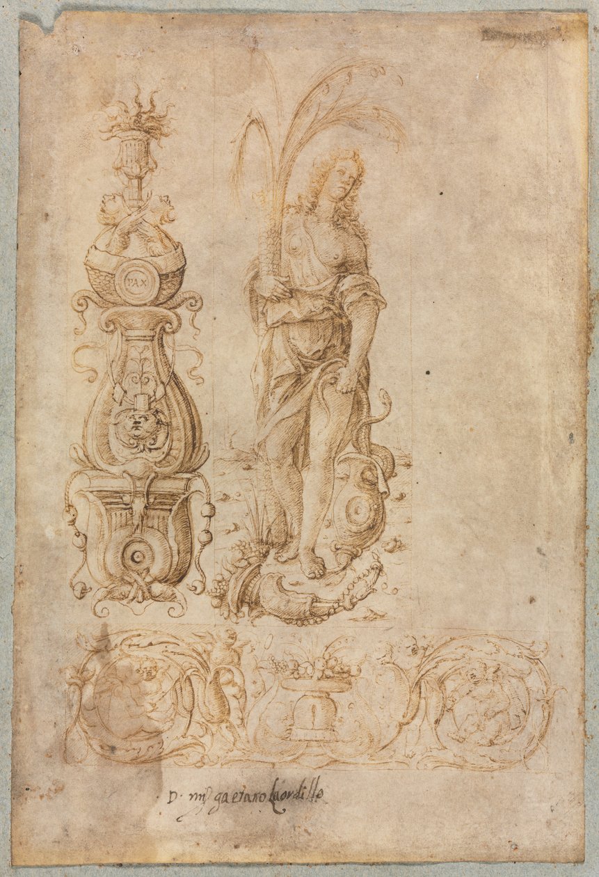 Design para um candelabro, figura alegórica de abundância, design ornamental em relevo, c. 1490s. de Bernardo Parentino