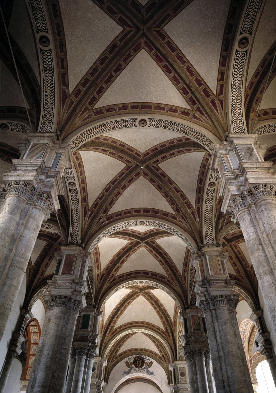 Vista das abóbadas da nave da igreja de Pienza projetada por Bernardo Rossellino de Bernardo Rossellino