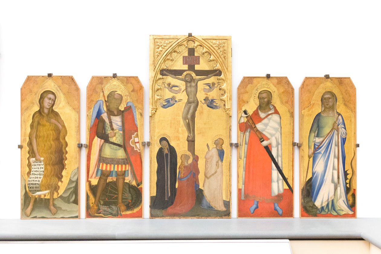 Crucificação com as carpideiras e Maria Madalena aos pés da Cruz de Bernardo & Simone Puccio di (fl.1345 65) Daddi