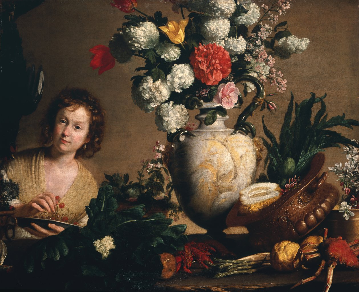 Uma natureza morta de flores, frutas, legumes e frutos do mar em uma borda com uma figura segurando um prato de cerejas (óleo sobre tela) de Bernardo Strozzi