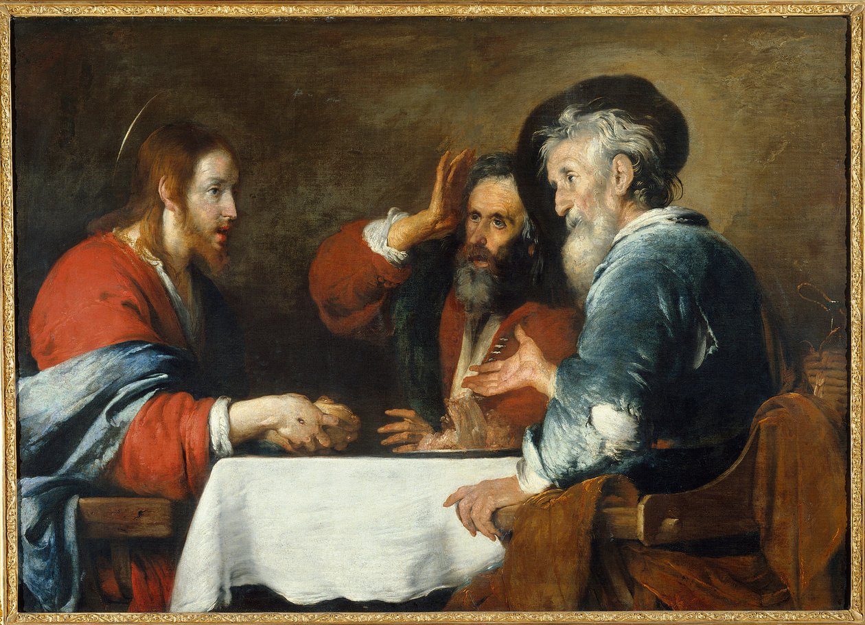 Cristo tem Emaús Cristo aparece aos peregrinos sentados à mesa em uma pousada em Emaús. Pintura de Bernardo Strozzi (1581-1644) 1640 Sol. 1,24x1,72 m Grenoble, Musee des Beaux Arts de Bernardo Strozzi