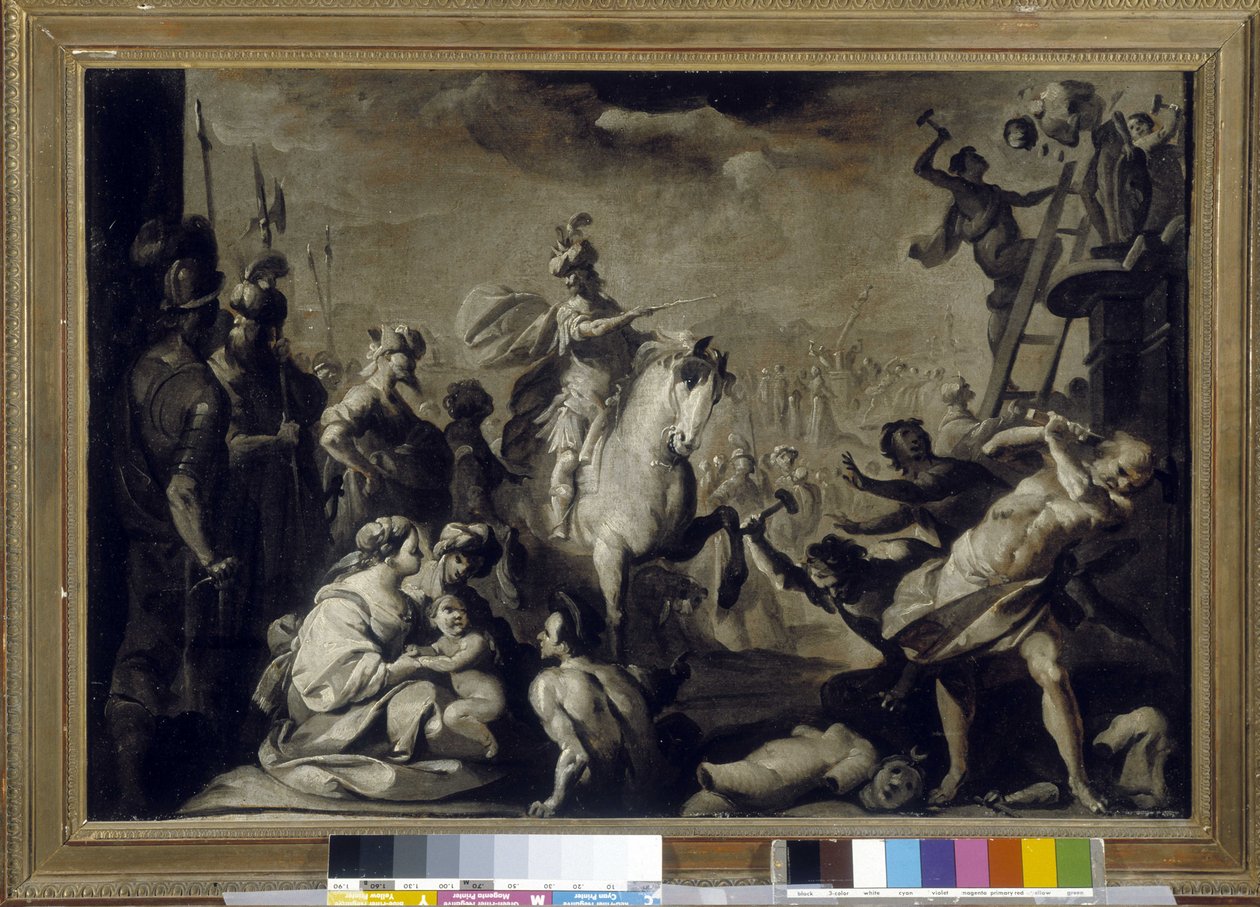 Constantino (Constantino I, Caius Flavius Valerius Aurelius Constantino, imperador romano, morreu 337) ídolos angustiantes. (papel maroufle sobre tela) de Bernardo Strozzi