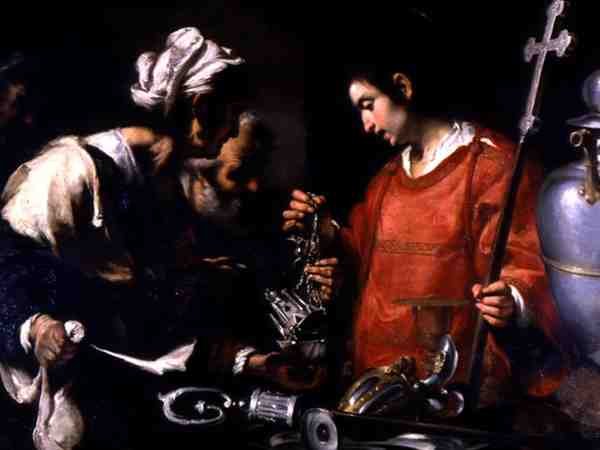 São Lourenço distribui a sua riqueza aos pobres (óleo sobre tela) de Bernardo Strozzi