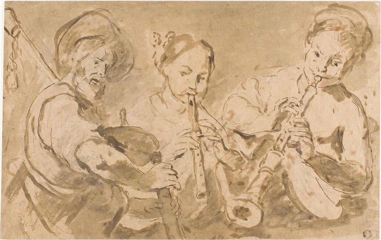 Três músicos a tocar trompa e gaita de foles de Bernardo Strozzi