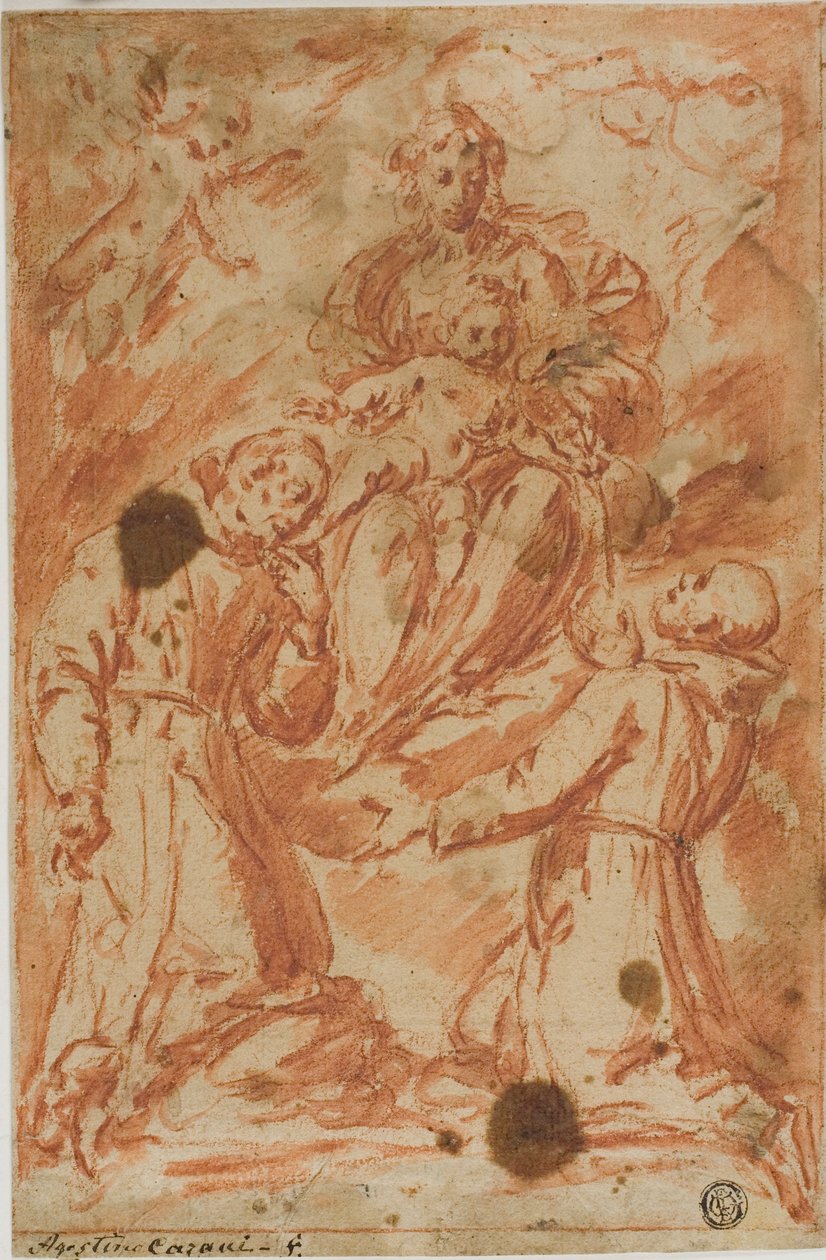 Virgem e Menino na Glória adorados por dois monges santos de Bernardo Strozzi