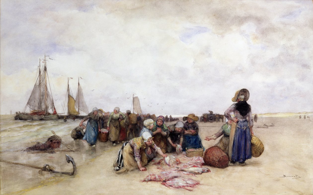 Venda de peixe na praia (wc e lápis sobre papel) de Bernardus Johannes Blommers or Bloomers