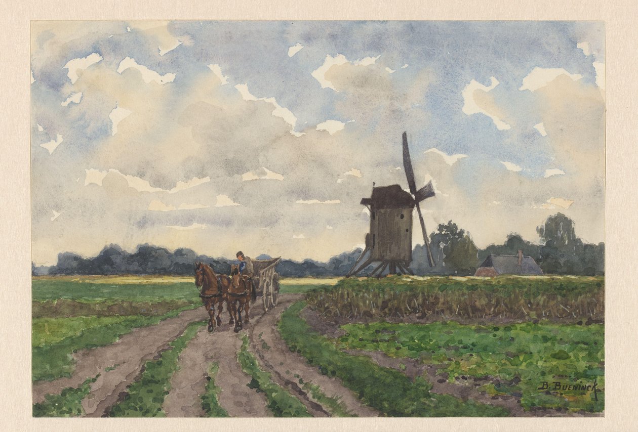 Paisagem com moinho e vagão em Vorden de Bernardus Bueninck (signed by artist)