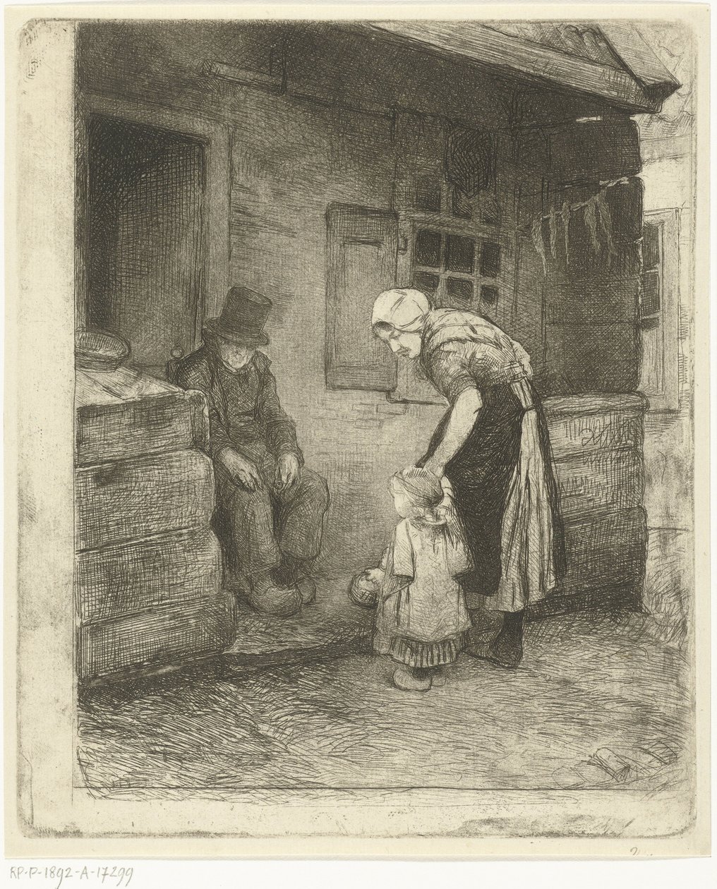 Mulher com criança pequena fica ao lado de um velho sentado em frente à casa do trabalhador de Bernardus Johannes Blommers