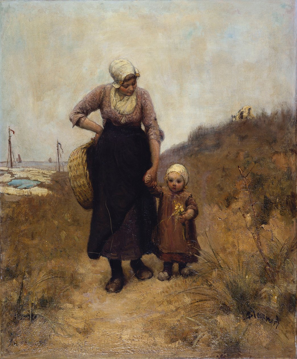 Mãe e filho em um caminho à beira-mar de Bernardus Johannes Blommers or Bloomers