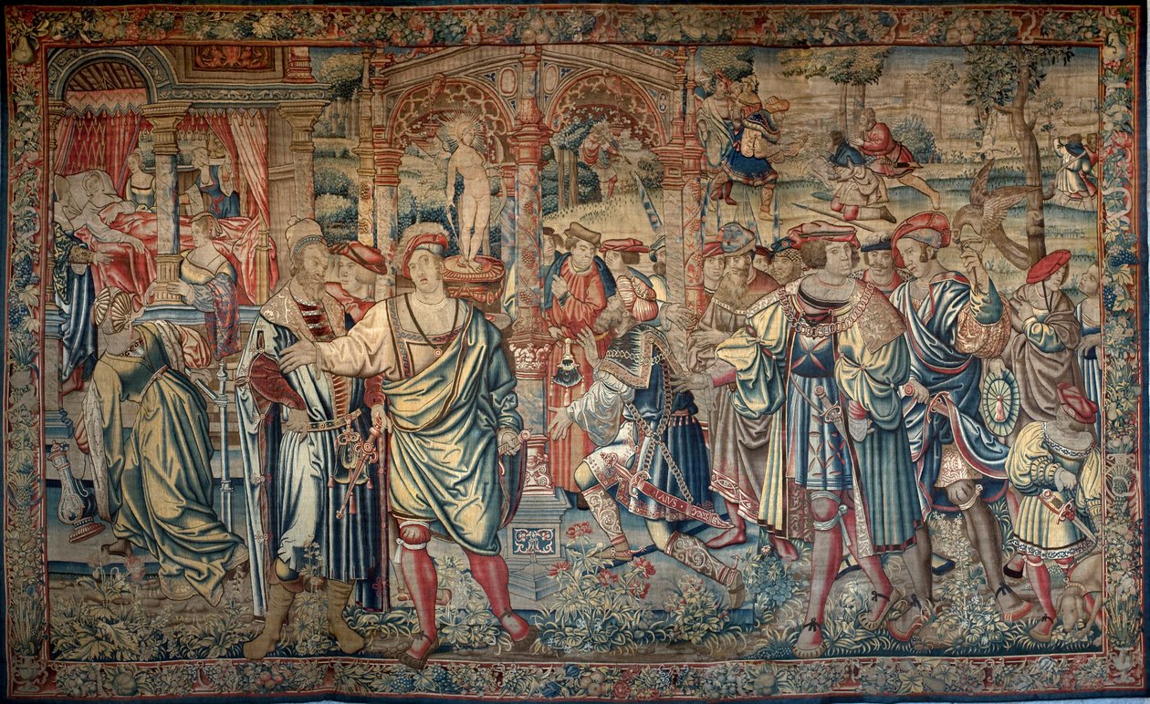 Ciclo de Édipo: Laios consulta o oráculo de Delfos - No centro, com a sua suite, ajoelha-se à entrada do templo - À esquerda, numa cama de dossel, Jocaste é rodeado pelas senhoras da sua corte que lhe ensinam o desaparecimento do seu novo ne - de Bernart van (attr. to) Orley
