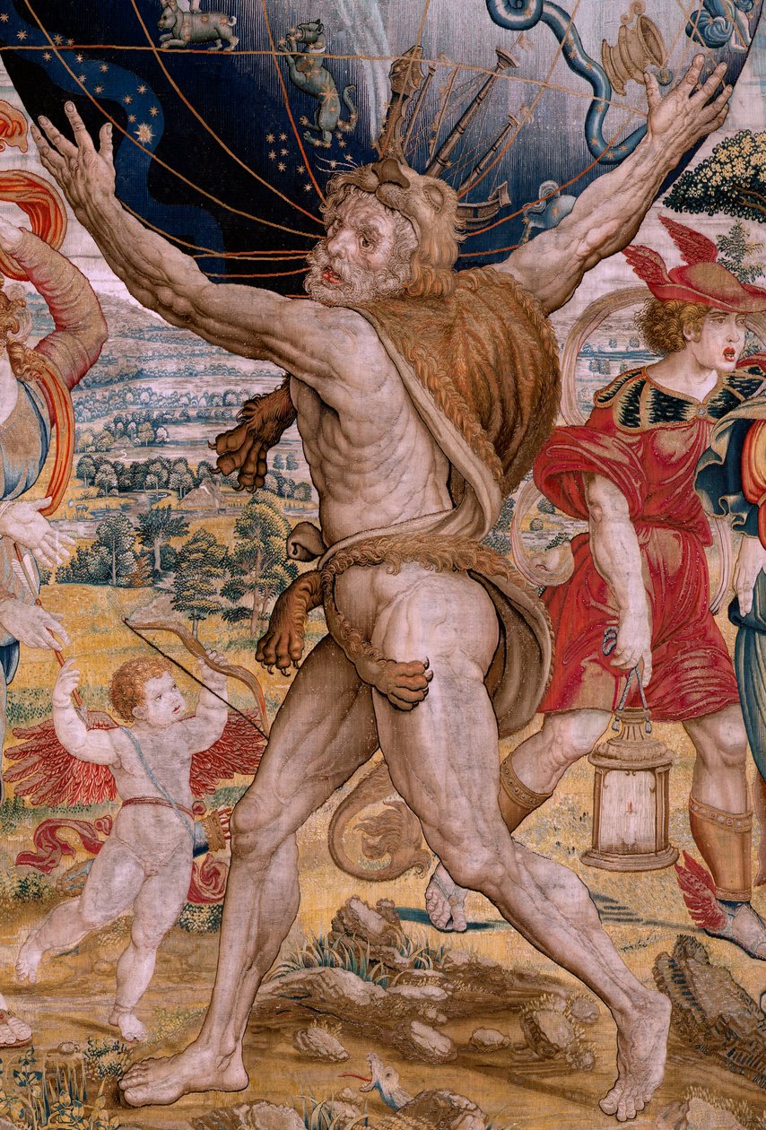tapeçaria flamenga. Série As Esferas. Hércules sustentando a esfera celeste (Hércules sostiene la esfera celeste). Primeira tapeçaria da série. Modelo Barend van Orley ou Pieter Coecke van Aelst. 1525-1530. Manufatura Joris Vezeleer (Georg Wezeler)?, de Bernart van (attr. to) Orley