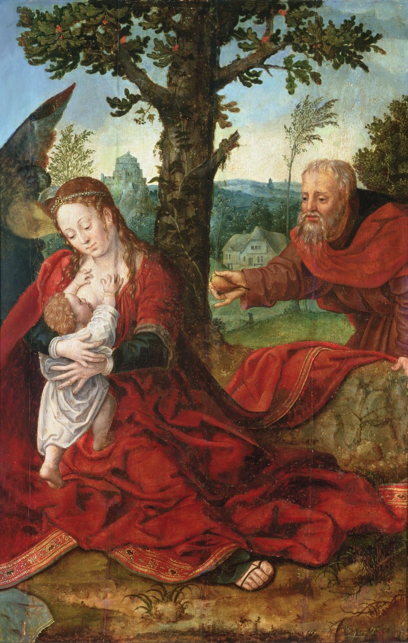 O resto na fuga para o Egito (painel) de Bernart van follower of Orley