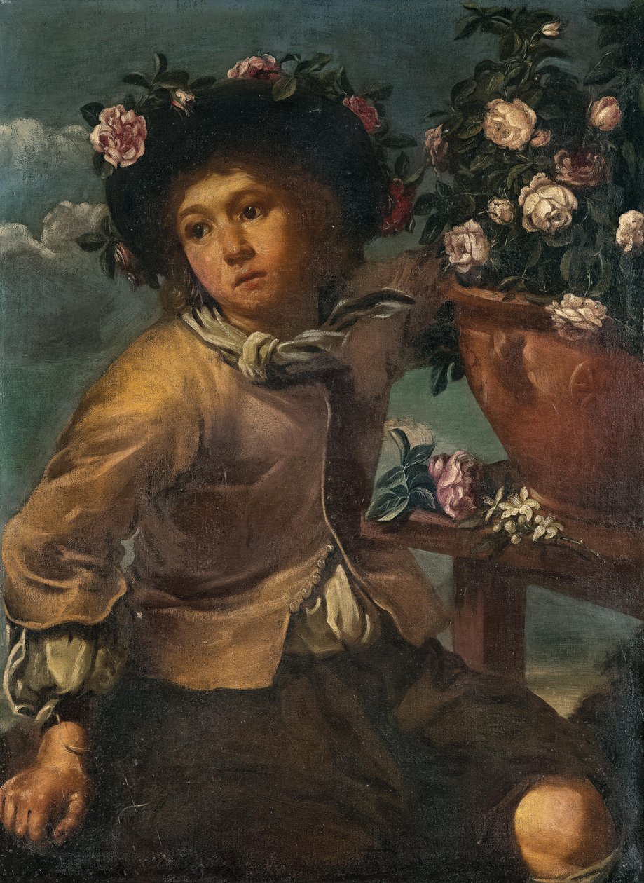 Menino com rosas em um vaso de Bernhard Keil