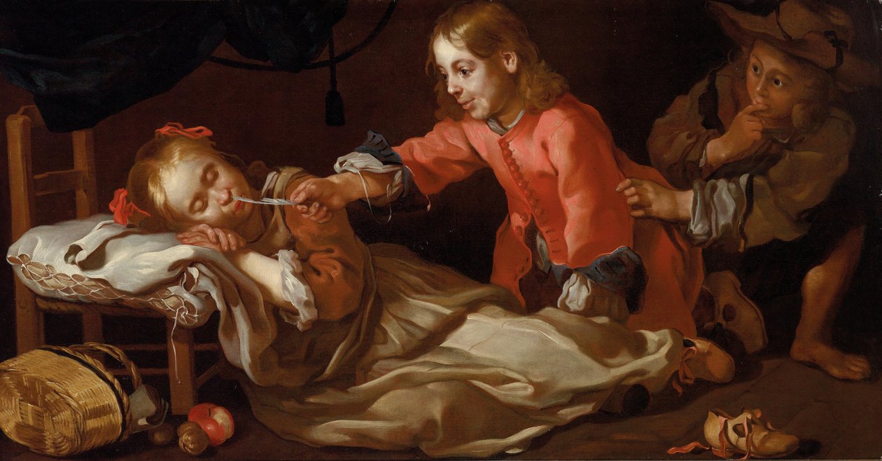 Menina dormindo com duas crianças brincando (Alegoria do sentido do toque) de Bernhard Keil