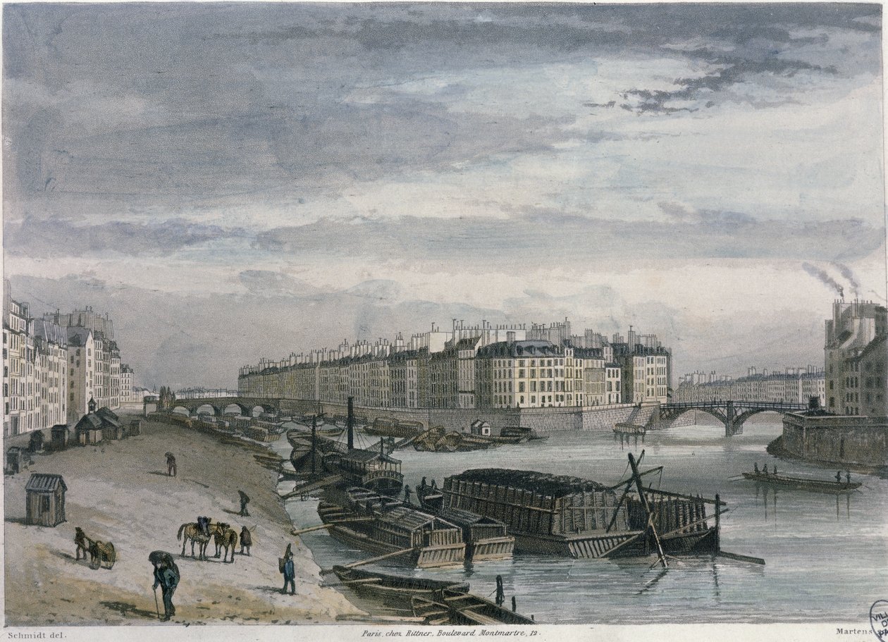 A Ile Saint-Louis, 1832 (gravura a cores) de Bernhard Schmidt