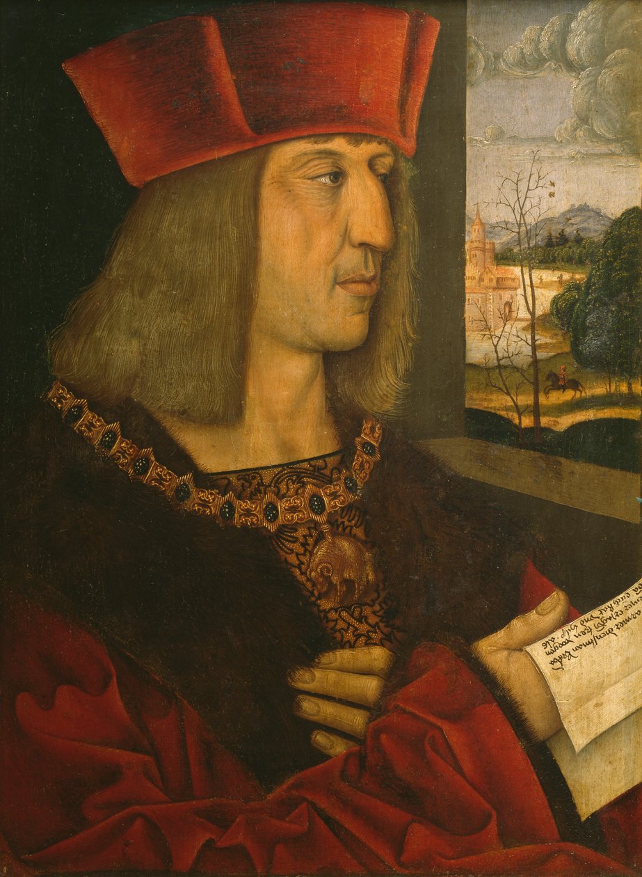 Imperador Maximiliano I, cópia de um original perdido (óleo sobre painel de madeira) de Bernhard Strigel