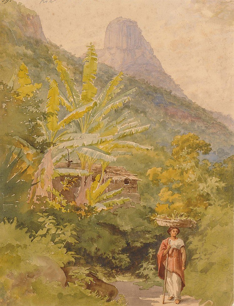 Uma mulher brasileira carregando uma cesta de frutas na cabeça, com Sugar Loaf além de Bernhard Wiegandt