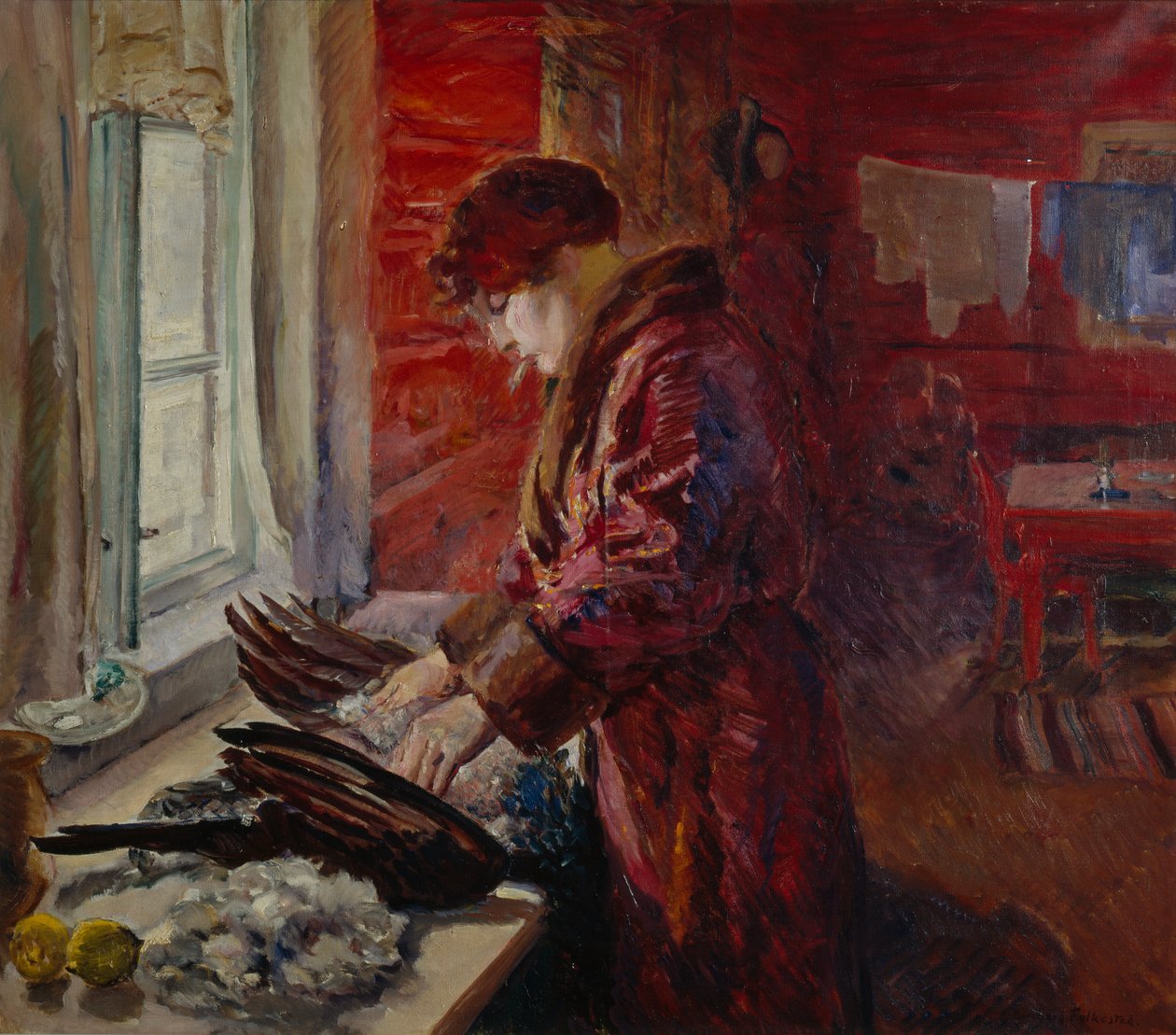 Depenando a galinha (óleo sobre tela) de Bernhard Dorotheus Folkestad
