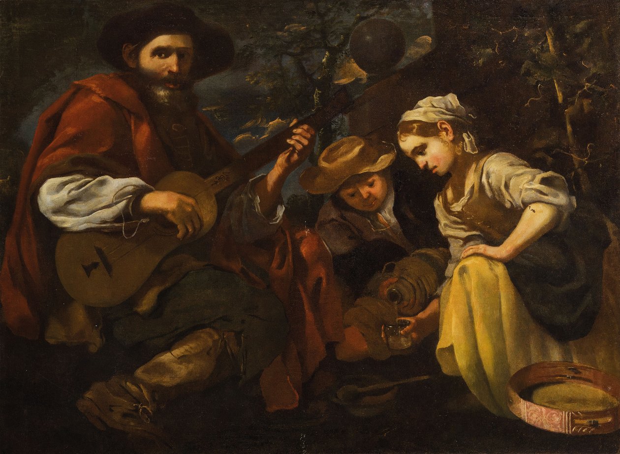 Guitarrista com rapaz e rapariga (Alegoria da audição e do paladar) de Bernhard Keil