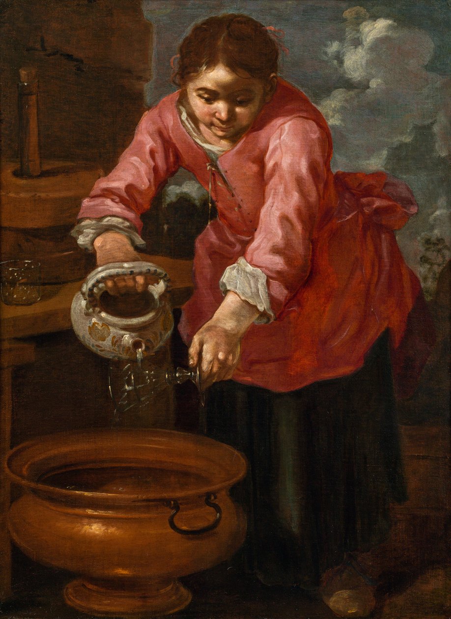 Italiano:  Lavaggio di un vetro di vino Uma jovem mulher a lavar um copo ("Alegoria da água") de Bernhard Keil