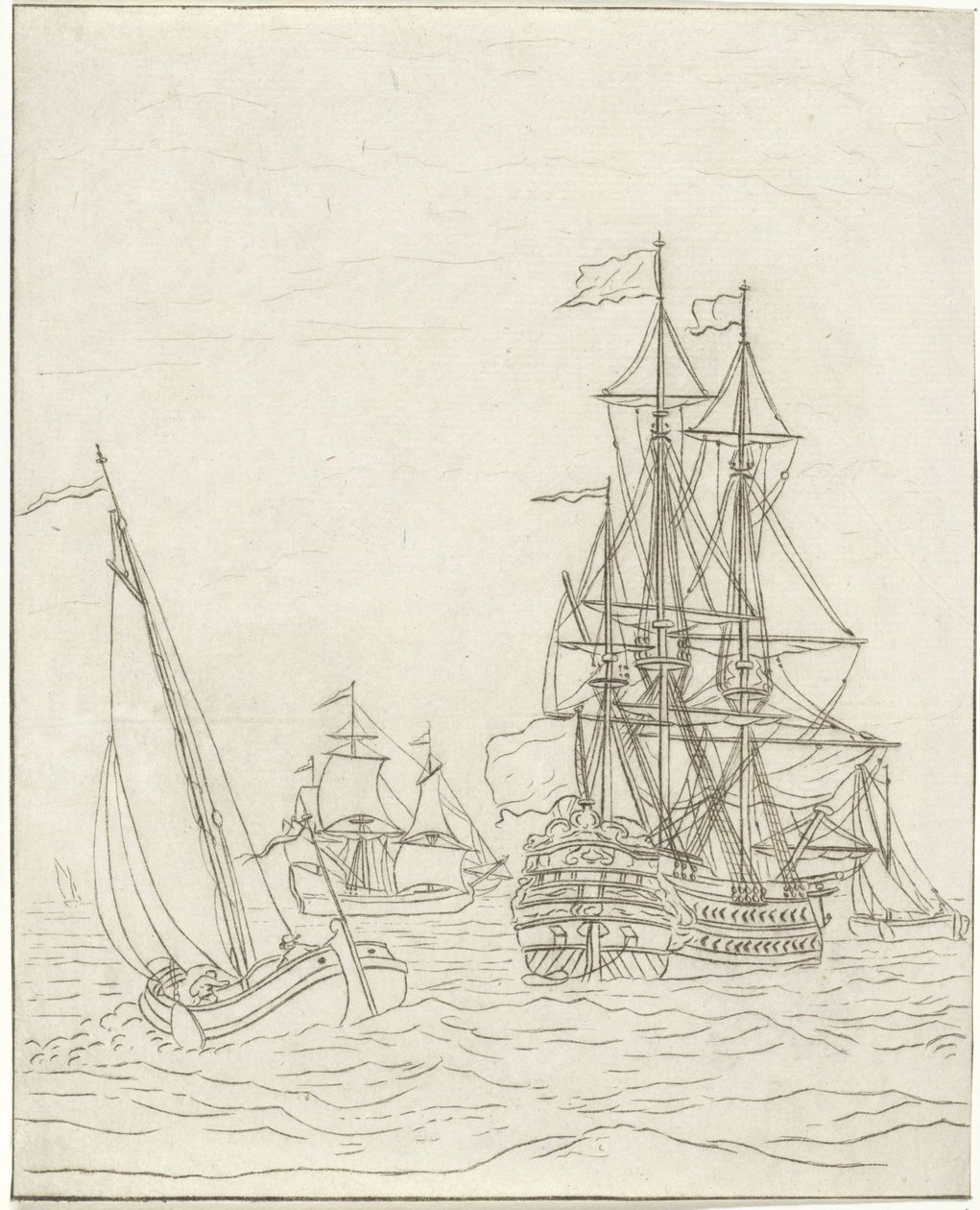 Navio de guerra e três veleiros em alto mar de Bernhard Schreuder