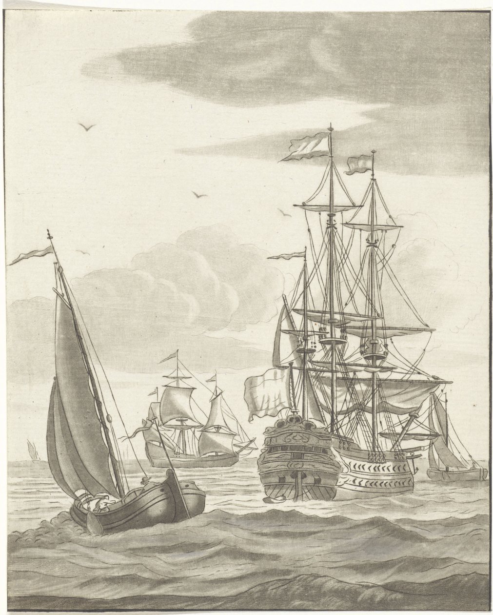 Navio de guerra e três veleiros em alto mar de Bernhard Schreuder
