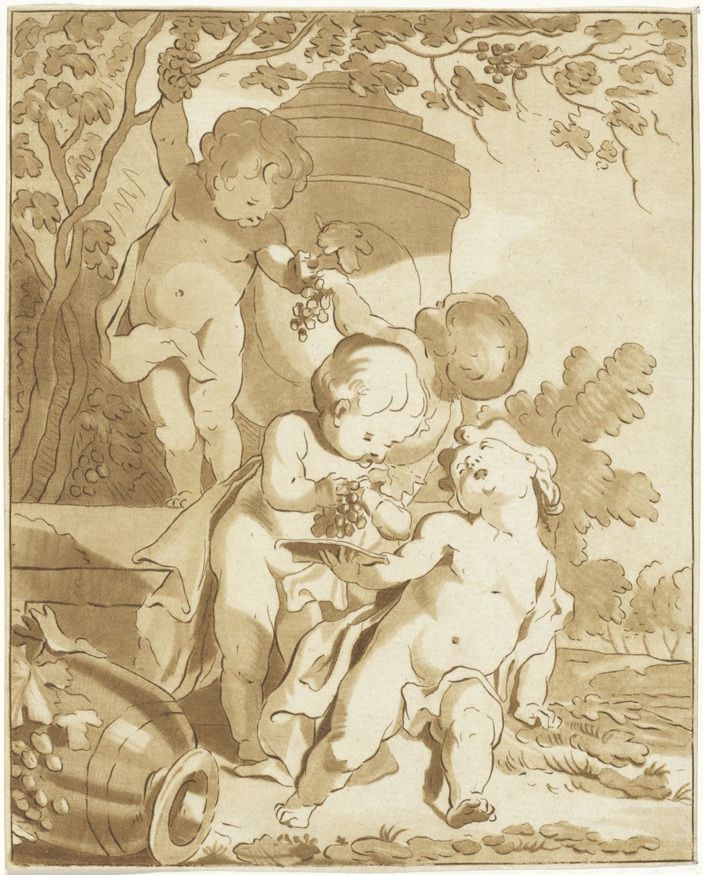 Quatro putti de vindima por um vaso de Bernhard Schreuder