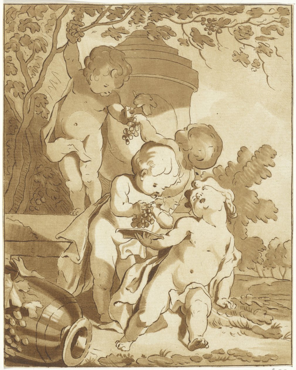 Quatro putti a colher uvas junto a um vaso de Bernhard Schreuder