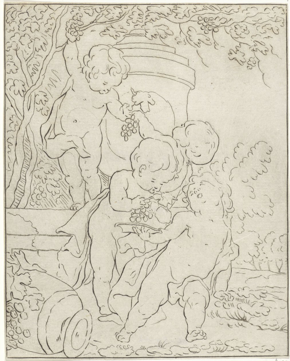 Quatro putti a colher uvas junto a um vaso de Bernhard Schreuder