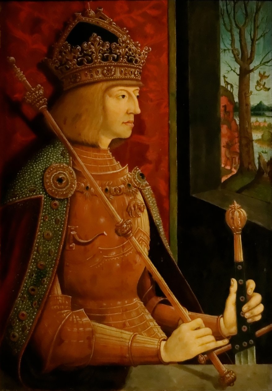 Imperador Maximiliano I 1459-1519, com coroa, cetro e espada, c. 1500 de Bernhard Strigel