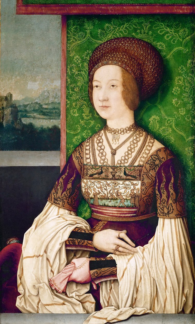 Família do Imperador Maximiliano I: Retrato da Imperatriz Bianca Maria (Blanche-Marie) Sforza (1472-1510) - Retrato de Bianca Maria Sforza (1472-1510), a segunda esposa de Maximiliano I, Santo Imperador Romano por Strigel, Bernhard (ca. 1460-1528) (ou o de Bernhard Strigel