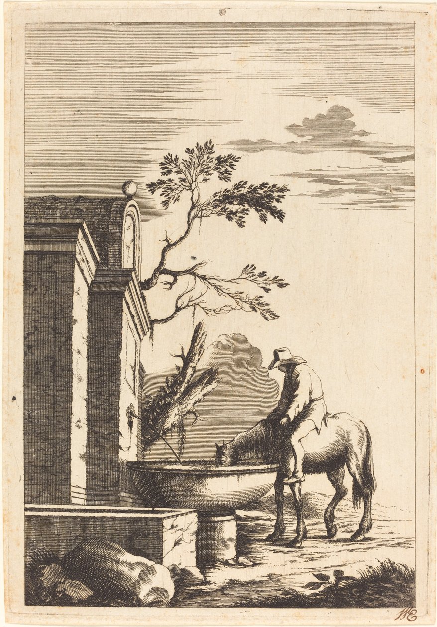 Cavalo e cavaleiro em uma fonte de Bernhard Zaech after Jonas Umbach