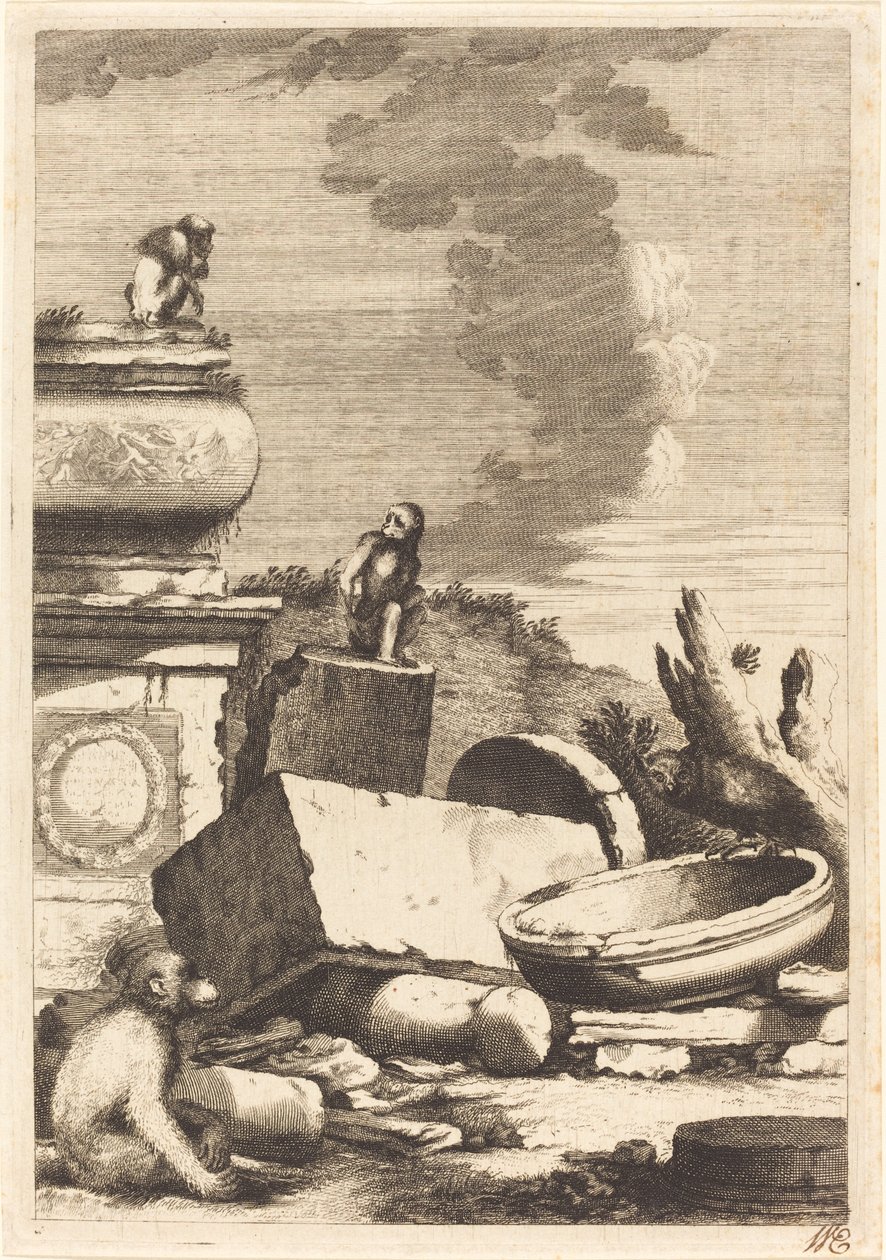 Ruínas com macacos e uma coruja de Bernhard Zaech after Jonas Umbach