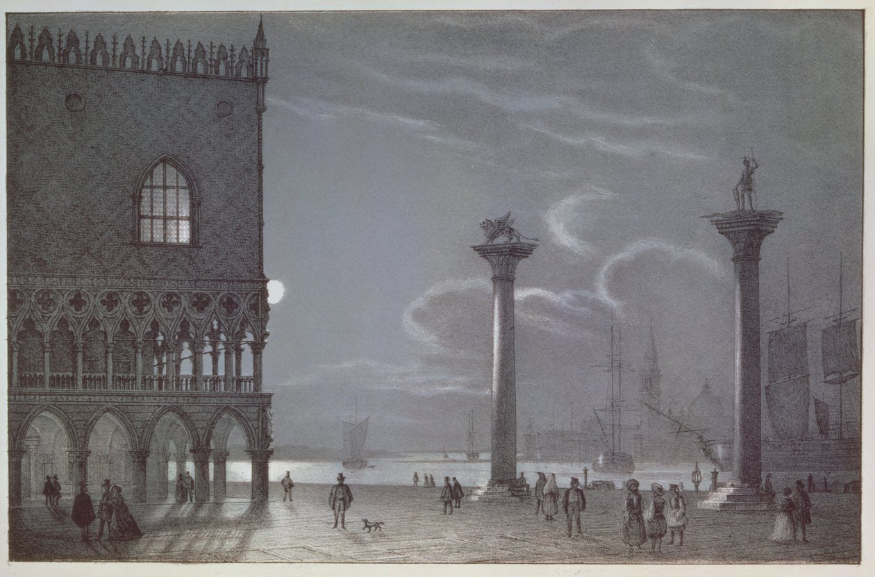 Cena Noturna do Palazzo Ducale e as Duas Colunas, Veneza, gravada por Brizeghel de Berselli
