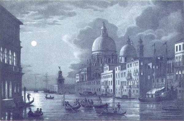 Cena Noturna do Grande Canal e Santa Maria della Salute, Veneza, gravada por Brizeghel (litho) de Berselli (after)