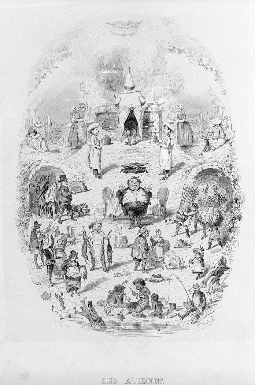 Alimentos: cozinha e diferentes formas de preparar alimentos em Brillat - Savarin ilustrado por Bertall. Paris 1840. de Bertall