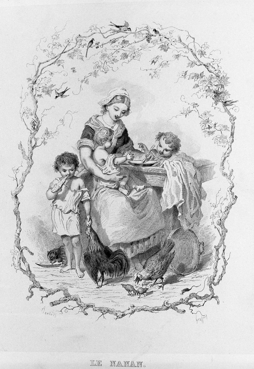 A nanã: uma jovem mãe dá comida aos seus três filhos em "La Physiologie du Gout" de Brillat - Savarin ilustrado por Bertal. Paris 1840. Jean Anthelme Brillat Savarin (Brillat-Savarin) (1755-1826) gastrônomo francês. de Bertall