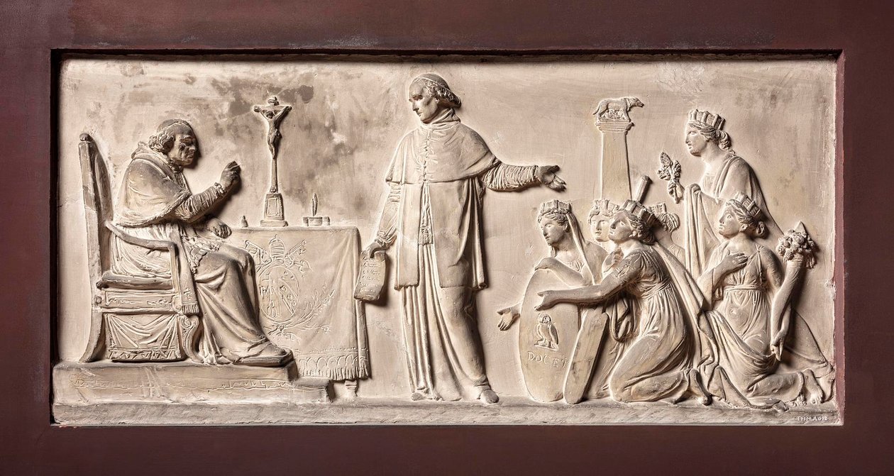 O cardeal Ercole Consalvi restitui os Estados Pontifícios a Pio VII de Bertel Thorvaldsen